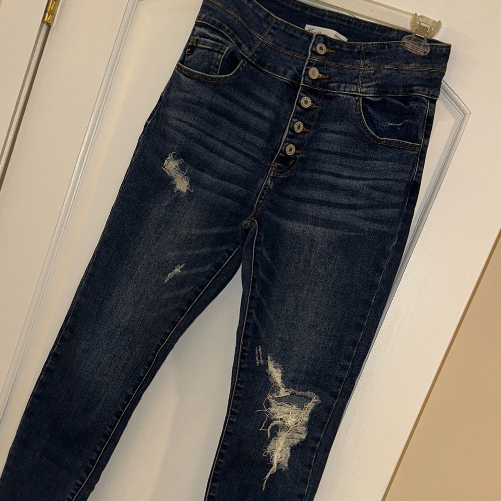 High Rise Dark Blue Distressed Jeans